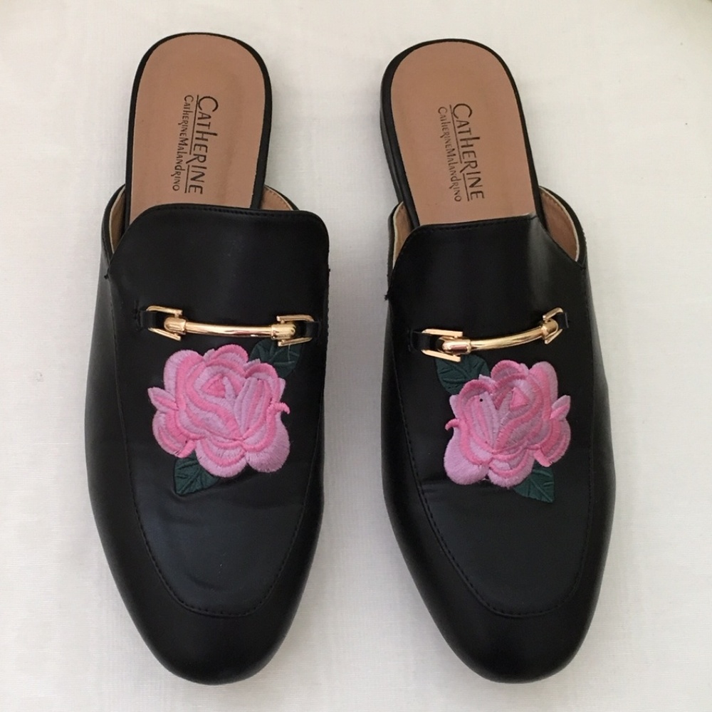 Black Mules with Embroidered Rose